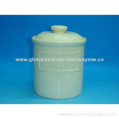 Ceramic sugar jar with embossed words,food-safe,easy to take care, for tea/coffee/biscuit storage